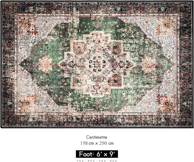 Area Rug 6x9 for Living Room Green Boho Rug Non-Slip Washable Vintage Low Pile Large Rug for Bedroom Dining Room