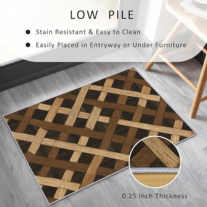 Checkered Rug Small, Washable 2x3 Throw Rug for Entryway, Wood Grain Patterned Indoor Door Mat, Checkered Geometric Decor for Home, Bedroom, Soft Non Slip Thin Design FER22