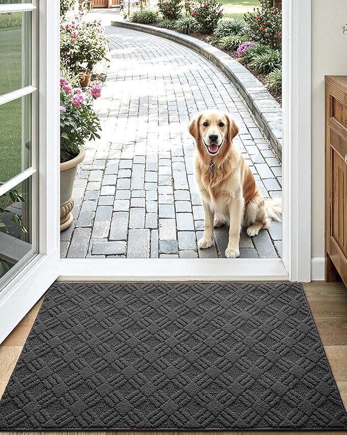 LUMI Indoor Door Mat, Absorbent Non-Slip Thin Doormat, Washable Door Mats, Woven Pattern Inside Floor Mat, Ideal for Entryway, Front Door, Home Decor, 17"x30", Woven Grey
