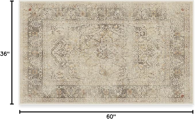 RUGGABLE Washable Vintage Area Rug – Sarrah Hazel 3x5, Stain-Resistant, Non-Slip – Small Machine Washable Rugs for Living Room, Bedroom, Hallway, Entryway & Office–with Cushioned Pad