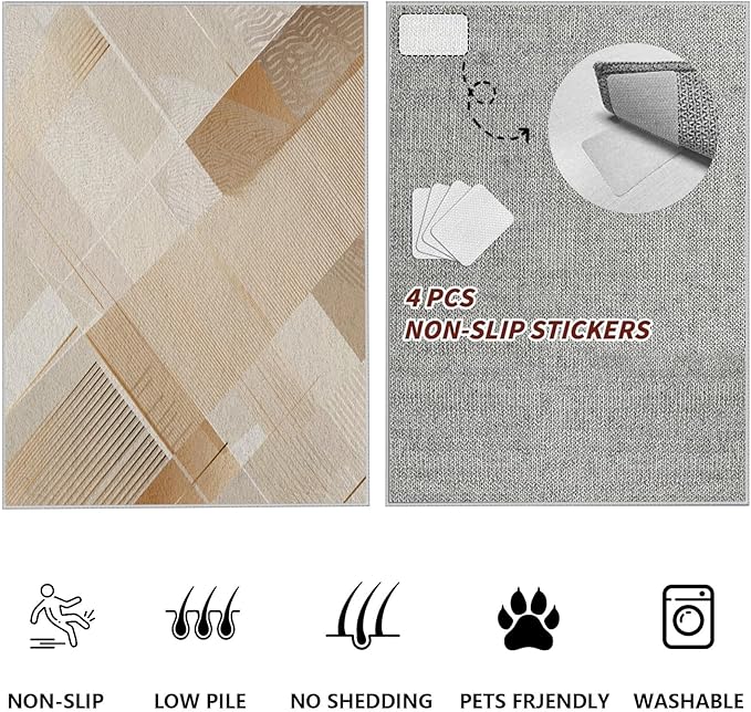 Minimalist Abstract Area Rug 5x8 Brown Boho, Modern Washable Stripe Art Rugs, Soft Non-Slip Low-Pile Carpet for Living Room, Bedroom, Kitchen, Dining Room, Pet Friendly, Non-Shedding, Beige