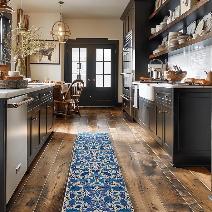 EVERGRACE Hallyway Area Runner Rugs 2x8, Boho Floral Faux Wool Indoor Outdoor Rugs, Washable Rugs for Bedroom Dining Room Living Room Kitchen, Low Pile Floor Mat Carpet for Home Decor, Celtic Blue