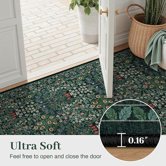6x9 Area Rugs Living Room Rug - Floral Vintage Morris-Inspired Washable Carpet, Low Pile Non-Shedding Stain Resistance Boho Soft Carpet for Bedroom, Dining Room, Office, Farmhouse (6'x9' Dark Green)