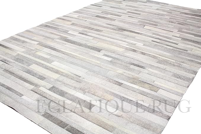 Cowhide Leather Rug for Living Room 8x10 Natural Leather Rug Modern Stripes Style Floor Carpet for Home Decor | Superior Indoor Area Rug Silver