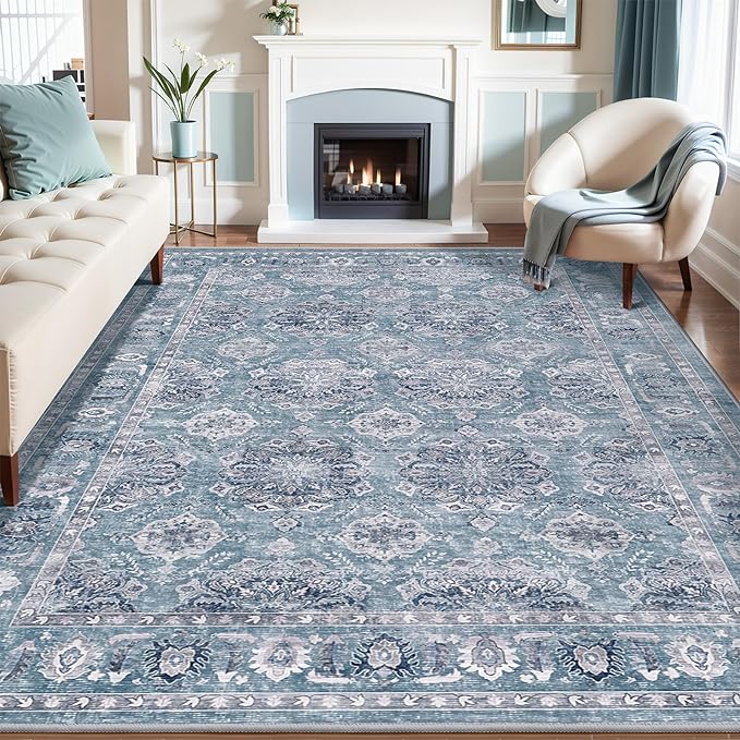 SERISSA Boho 8x10 Area Rugs Blue Grey, Washable Vintage Floral Large Living Room Rug Non-Slip, Ultra Soft Oriental Print Distressed Farmhouse Carpet for Dining Room Bedroom Dorm Office Home Decor