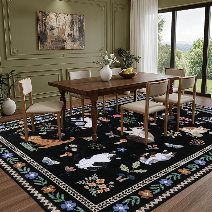 5x7 Area Rugs Living Room Rug: Vintage Washable Rug Floral Soft Carpet Indoor Floor Non-Slip Boho Stain Resistant Large Carpets for Bedroom Kids Nursery Dining Room Farmhouse Home Office Black/C01