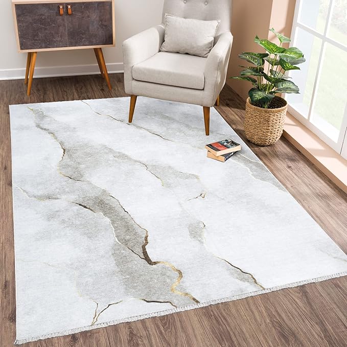 Bloom Rugs Caria Washable Non-Slip 6x9 Rug - Ivory/Gold Modern Abstract Area Rug for Living Room, Bedroom, Dining Room, and Kitchen - Exact Size: 6' x 9'