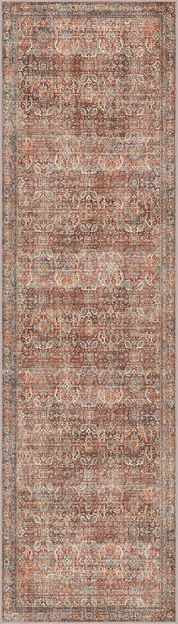 Bavni 2x5 Runners Machine Washable Boho Rug Runners for Hallway,Ultra-Thin Low Pile Rug,Lightweight Carpet,Non Slip Floral Runners for Enrtyway, Corridor, Home Office, Kitchen,Terracotta/Indigo