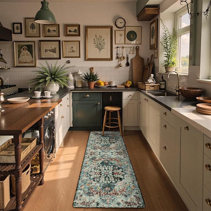 Lahome Bohemian Floral 2'8" x 8' Washable Hallway Runner Rug, Non Slip Kitchen Carpet Runners, Turkish Soft Pet Friendly Stair Mat for Bathroom Laundry Room Sunroom, Teal