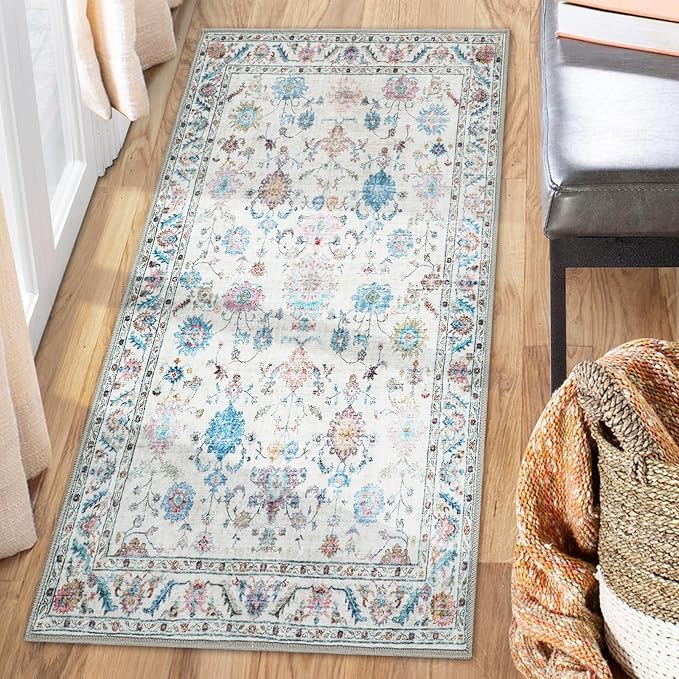 COMSLE Washable Door Mat, Front Door Mat Indoor Faux Wool Absorbent Small Rugs for Entryway Distressed Throw Rug Non-Slip Accent Floor Carpet for Entrance Bedroom, 24X48 Inches Pink Floral