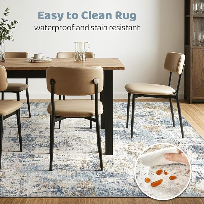 4x6 Rug Washable Area Rugs: Abstract Modern Soft Stain Resistant Indoor Floor Accent Non Slip Carpet for Living Room Entryway Kitchen Bedroom Nursery Office Bedside Home House Decor- Blue