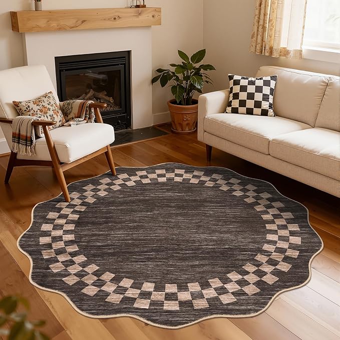 GarveeHome Scalloped Round Rug 4ft Modern Solid Color Circle Rugs Non Slip Low Pile Living Room Throw Carpat Washable Bedroom Scalloped Round Area Rug Stain Resistant Bordered Rug for Kitchen, Brown
