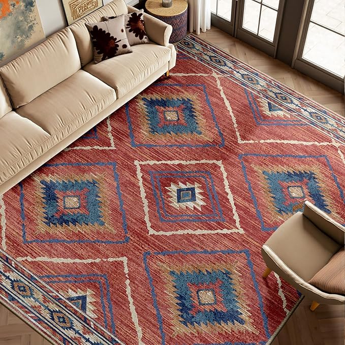 Area Rug 10x12 Rug Machine Washable Non-Slip Low Pile Print Pattern Western Rug for Living Room Bedroom Entryway Tribal Series-Red/Orange
