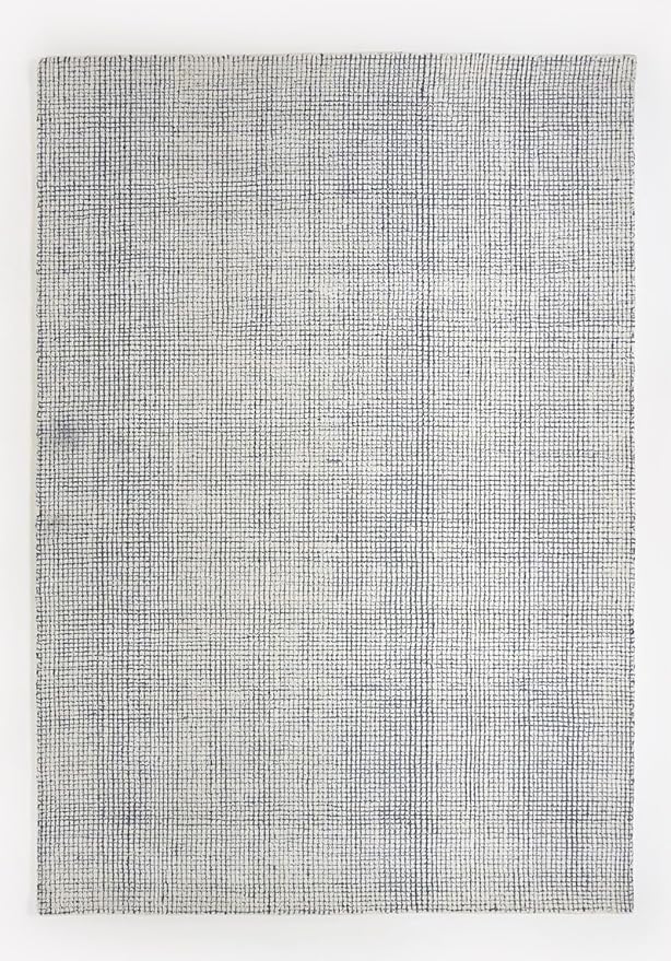 Hand-Tufted 100% Wool Pile Area Rug – Geometric Textured Grid Check Pattern – Thick and Durable Floor Carpet for Bedroom, Living Room, Kids Room, and Dining Area (Indigo Blue, 4' x 6')