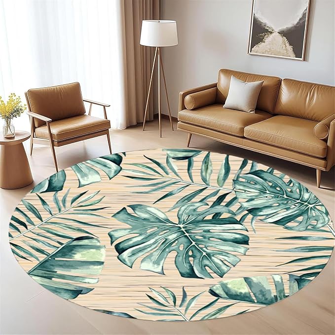 Tropical Leaf Round Area Rug 7ft - Green Beige Watercolor Design Indoor Carpet, Soft Non-Slip Floor Mat for Living Room Bedroom Office, Easy Clean Modern Decor