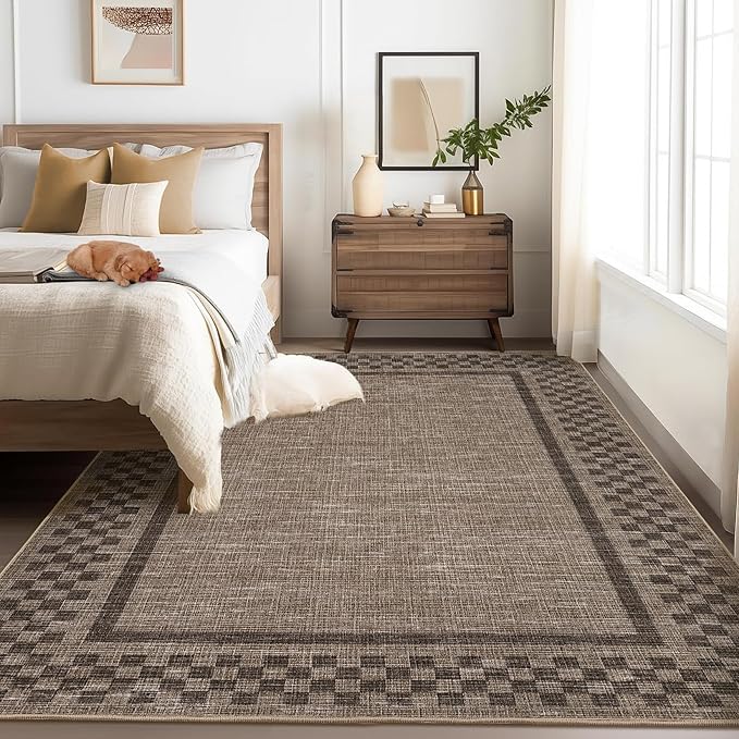 GarveeHome Machine Washable 5x7 Area Rugs Modern Bordered Living Room Rug Non Slip Checkered Geometric Bedroom Throw Carpet Soft Boho Rugs for Dining Room Nursery Home Office, Brown