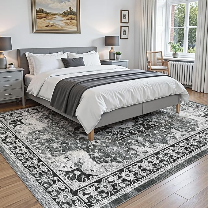 DEXI 5x8 Area Rug for Living Room, Washable Vintage Farmhouse Thin Rug Indoor Floor, Non Slip Stain Resistant Low Pile Carpet for Dining Room Bedroom Office, White Grey