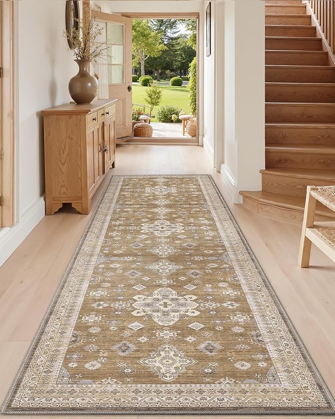 DEXI Hallway Runner Rug 3x10, Distressed Non Slip Runners Carpet, Boho Vintage Soft Thin Indoor Rug, Stain Resistant Washable Entry Mat for Entryway Kitchen Laundry Room Living Room, Light Brown