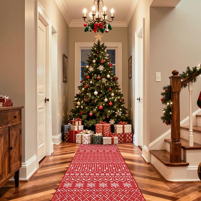 Lahome Christmas Runner Rug 2x8 for Hallway Red Non Slip Washable Runners for Kitchen Low Pile Carpet Moroccan Snowflake Throw Rug for Kitchen Entryway Laundry Narrow Space Xmas Holiday Decor