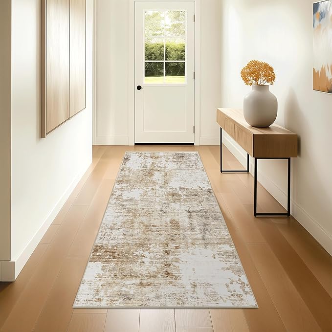 FMFUNCTEX 2x6 Runner Rug Washable Brown Grey Modern Abstract Neutral Non Slip Low Pile Entryway Hallway Soft Indoor Carpet for Kitchen Bedroom Bathroom Laundry Entrance Bedside Living Room, Grey Gold