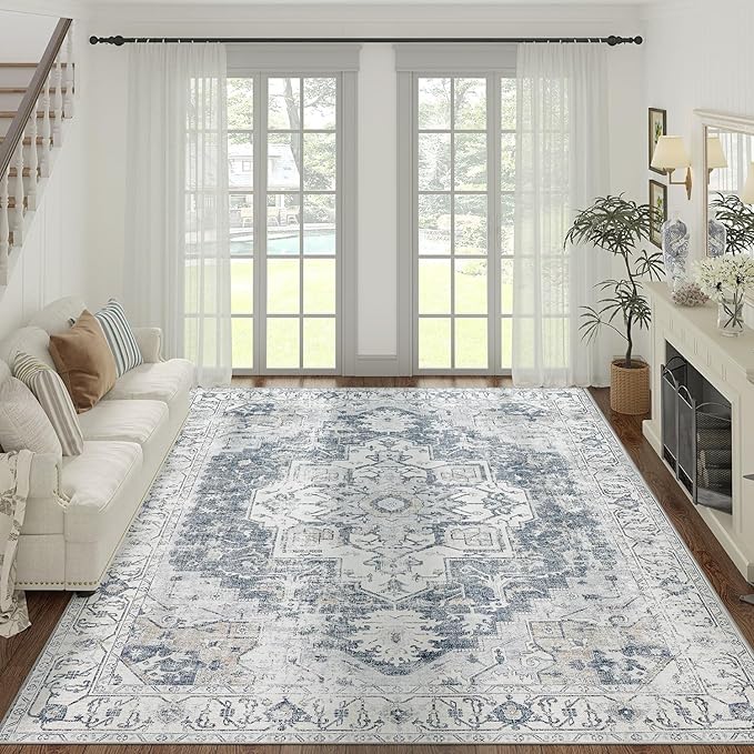 jinchan Area Rug 8x10 Washable Living Room Rug Vintage Indoor Large Floor Cover Distressed Lightweight Non-Slip Low Pile Thin Mat Accent Stain Resistant Carpet for Bedroom Dining Room Office Grey