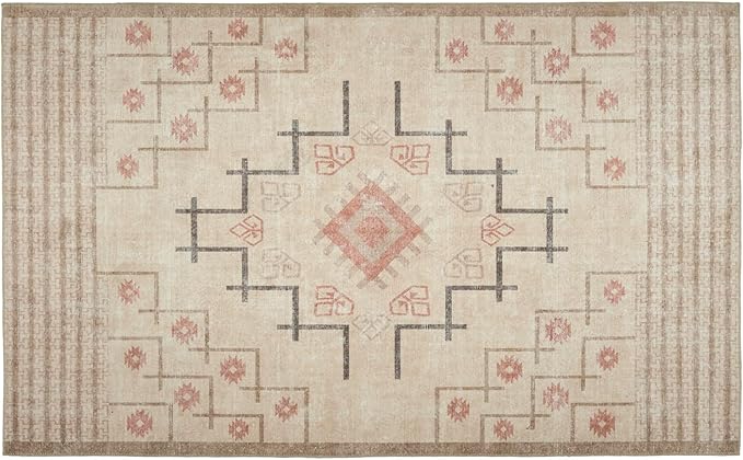 Revival Rugs Funk 5'x8' Zero-Shedding Area Rug for Living Room Bedroom - Oeko-TEX Certified, Low Pile, Spot Clean, Beige, Cream