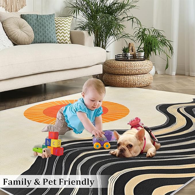 Boho Sun Area Rugs 5x8ft, Watercolor Mountain Living Room Carpet, Abstraction Deco Decorative Carpet Protect Floor for Bedroom Men Office Hardwood Floors