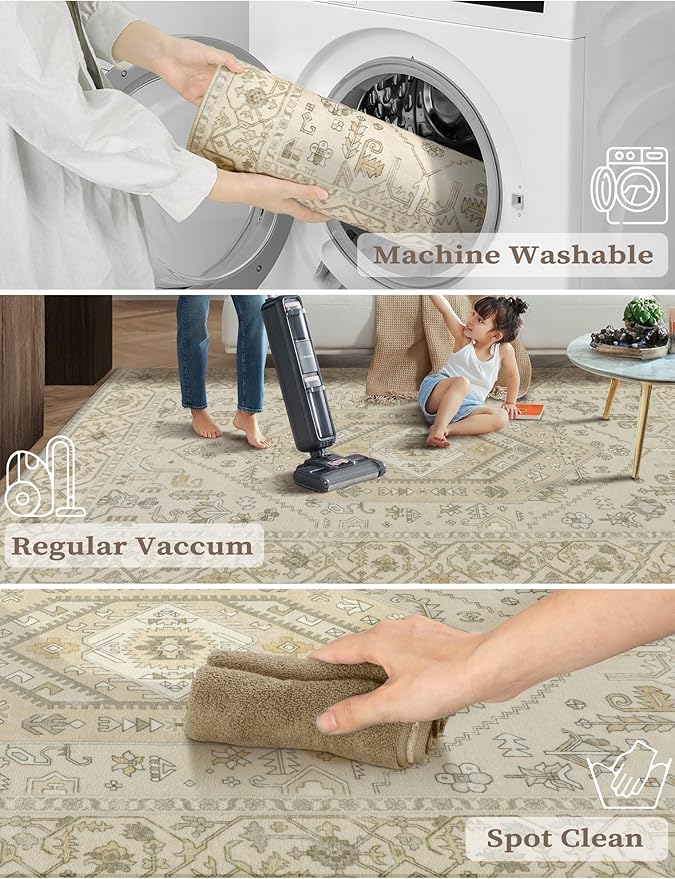 SERISSA Boho Washable Runner Rug, 2x6 Non-Slip Kitchen Runner Rug Vintage Beige Hallway Rug Ultra Soft Print Distressed Oriental Floor Carpet Runner for Bedroom Bathroom Laundry Living Room