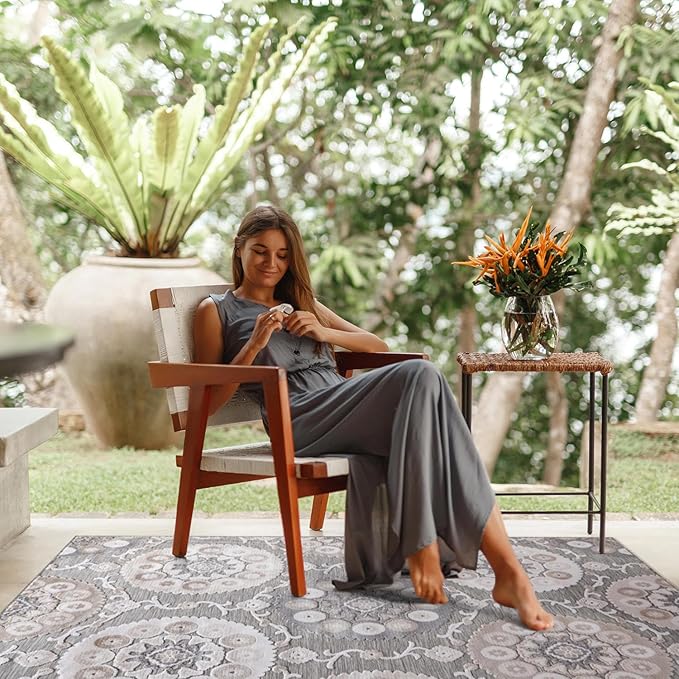 CAMILSON Indoor Outdoor Rug 10x14 Bohemian Medallion Floral Area Rugs for Indoor and Outdoor Patios Easy-Cleaning Non-Shedding Living Room Garden and Kitchen Washable Outside Carpet (10 x 14 / Beige)