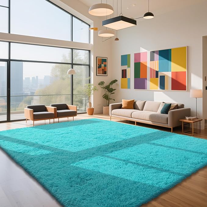 Teal Blue Rug Fluffy Rug, 8x10 Teal Area Rugs for Living Room, Soft Cute Baby Play Mat, Teal Rugs for Bedroom, Nursery, Preppy Dorm, Plush Aesthetic