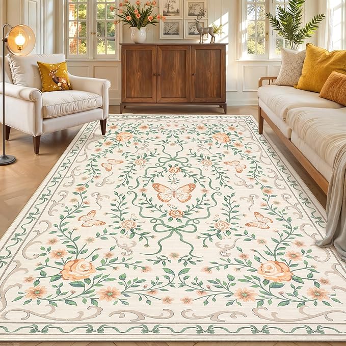 GarveeHome Washable Floral Area Rug 5x7 for Christmas Non Slip Bedroom Rug Soft Stain Resistant Large Dining Room Throw Carpet Low Pile Beige Bow Rugs Butterfly Flower Carpet for Living Room, 5x7