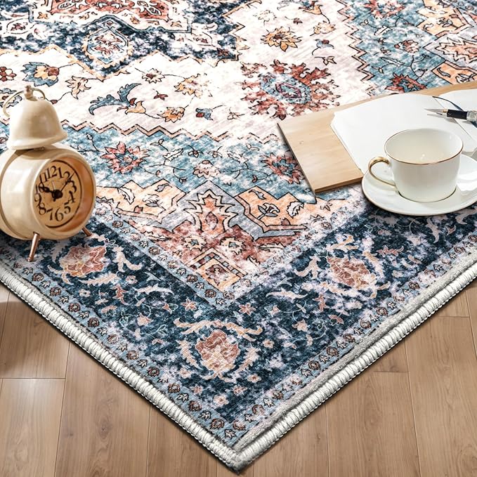 SERISSA Boho Rugs for Entryway, 2x3 Entryway Rug Non-Slip Washable Small Area Rug, Ultra Soft Oriental Vintage Low-Pile Indoor Door Mat Blue Orange Floor Carpet for Entrance Bedroom Kitchen Bathroom