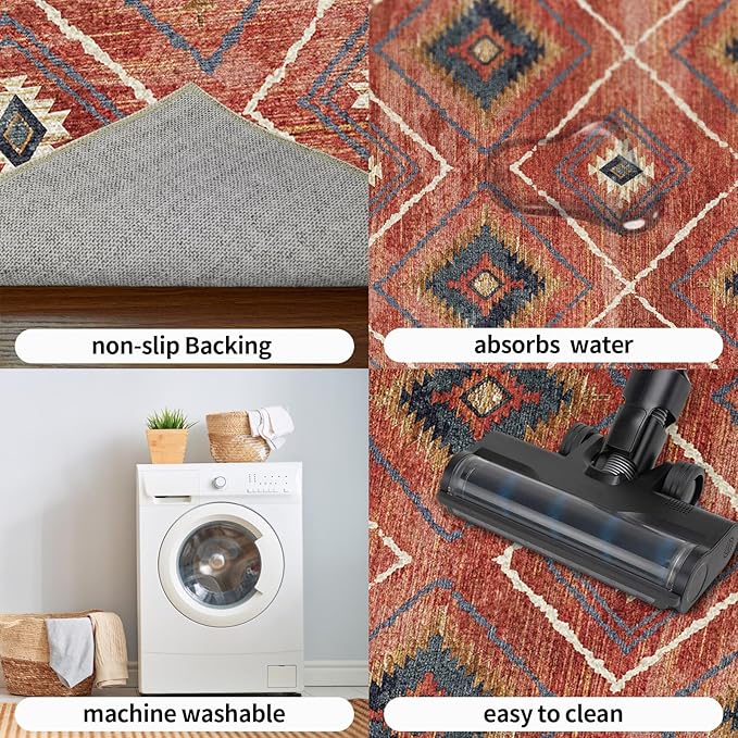Area Rug 6x6 Rug Machine Washable Non-Slip Low Pile Print Pattern Western Rug for Living Room Bedroom Entryway Tribal Series -Red/Orange