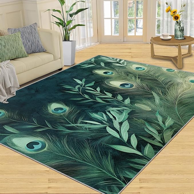 Peacock Feather Rugs for Living Room - 6x8 Rug, Peacock Decor Area Rugs for Bedroom, Teal Turquoise Rug, Plant Washable Carpet, Malachite Green Feather Carpet - Peafowl Home Decor & Gifts
