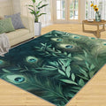 Peacock Feather Rugs for Living Room - 8x10 Rug, Peacock Decor Area Rugs for Bedroom, Teal Turquoise Rug, Plant Washable Carpet, Malachite Green Feather Carpet - Peafowl Home Decor & Gifts