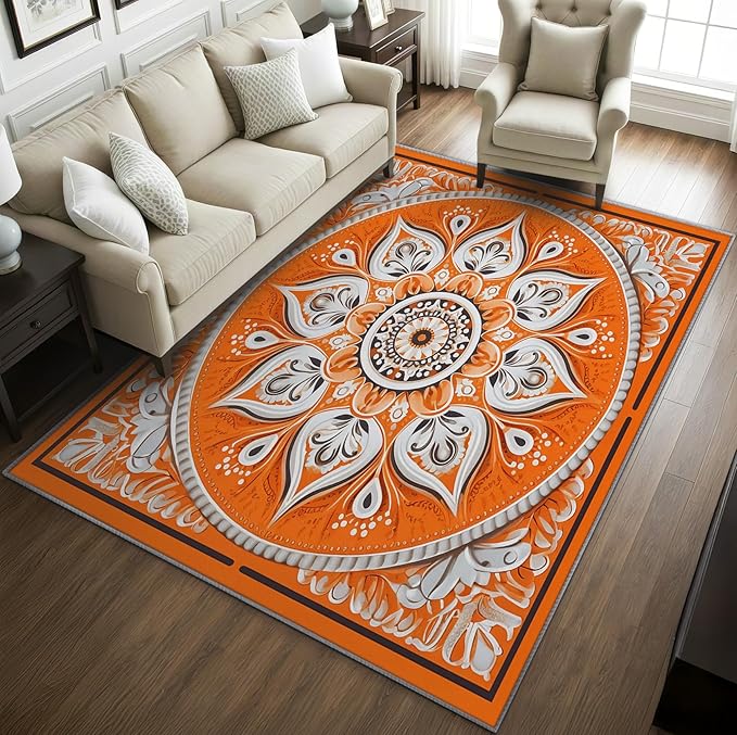 Mandala Rugs 5x7-2x3 ft, Orange Mandala Rug, Vintage Meditation Area Rug, Hippie Spiritual Washable Door Mat for Entryway, Kitchen, Boho Vintage Floral Home Decor & Gifts