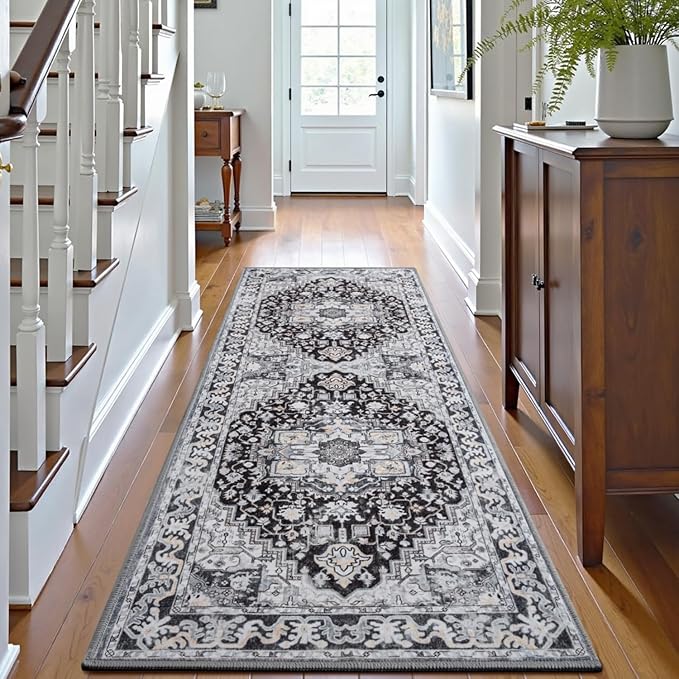 Runner Rug 2×6, Machine Washable Vintage Non-Slip Area Rug, Low Pile, Decorative Carpet Printed Floral Rugs for Living Room, Entryway, Kitchen, Bedroom, Black