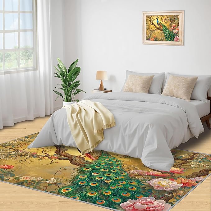 Peacock Peony Rugs for Bedroom - 5x8 Rug, Classic Peacock Peony Area Rugs for Living Room, Oriental Carpet, Floral Plant Washable Area Mat, Aesthetics Carpet - Peafowl Home Decor & Gifts
