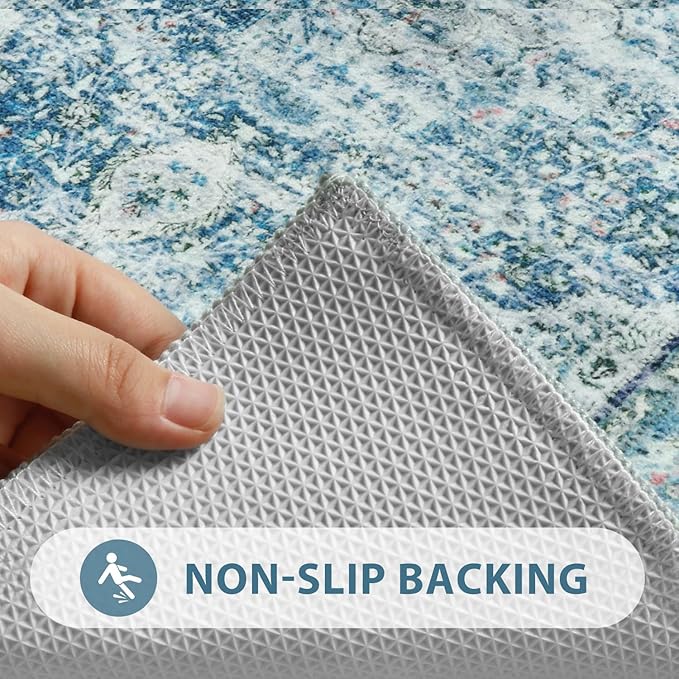 Uphome Light Blue Bathroom Rugs, Distressed Farmhouse Boho Bath Mat, Comfy Velvet Small Bath Rugs Non Slip Washable, Vintage Oriental Toilet Rug for Sink Shower Vanity, 18x26 inch
