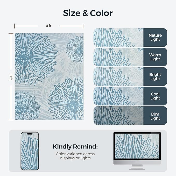 WITSHOCK 8x10 Washable Rug for Living Room,Modern Floral Distress Print Pattern Area Rugs,Stain Resistant with Non Slip Backing Carpet for Dining Room,Bedroom & Home Decor,Blue/Light Blue