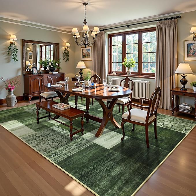 DweIke Washable Area Rugs for Living Room, 5x7 Soft Bedroom Rugs, Geometric Print Non-Slip Modern Rug, Stain Resistant Throw Carpets for Office Nursery Dining Room Home Dorm Decor, Green