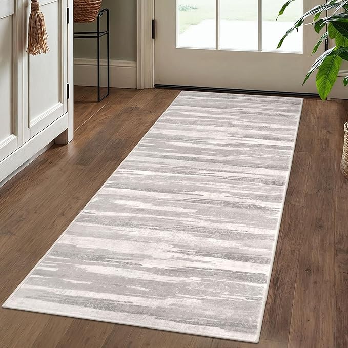 Modern Abstract Runner Rug 2x5, Neutral Light Beige and Grey Washable Entryway Kitchen Non-Slip Soft Hallway Runner Thin Print Faux Wool Carpet for Bedroom Laundry Room Indoor