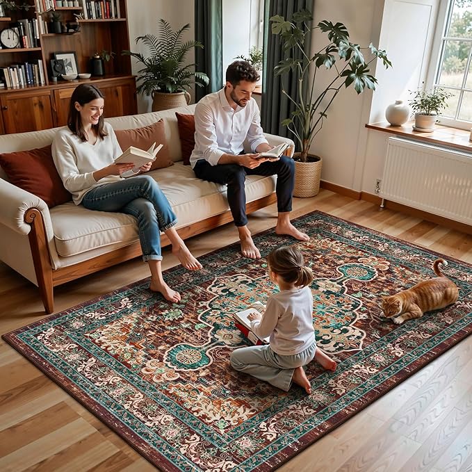 U'Artlines Christmas Boho Vintage Area Rug 5x7 Machine Washable Low Pile Ultra-Thin Soft Floor Carpet Non Slip Non Shedding Accent Rug for Living Room Bedroom Entryway Dining Room Office(Rust＆Teal)