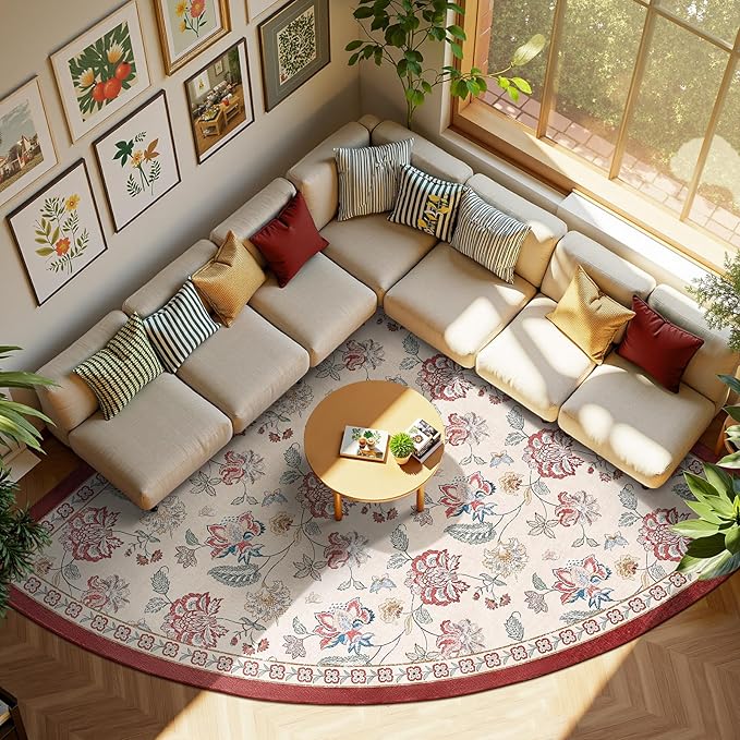 jinchan Elora Floral Corner Rug for Living Room Washable Bedroom Rug Vintage Romance Design Non Slip Quarter Circle Lightweight Low-Pile Throw Carpet for Reading Nook Playroom,8ft Radius, Red/Beige