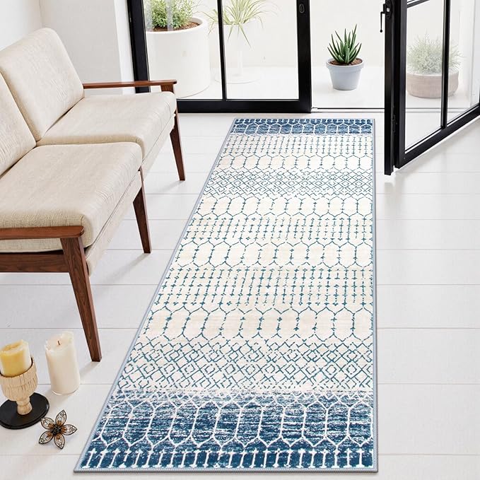 Lahome Moroccan Washable Blue Runner Rug 2x6 Rug Runners for Hallways Non Slip Throw Stain Resistant Kitchen Runners, Geometric Print Distressed Indoor Floor Rug for Entryway Bathroom Bedroom
