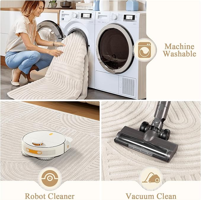 Pauwer 9x12 Washable Area Rugs for Living Room Modern Beige Solid Color Soft Fluffy Rugs for Bedroom Non Slip Boho Accent Indoor Mat Floor Carpet Cover for Kids Room Dining Room Kitchen Office