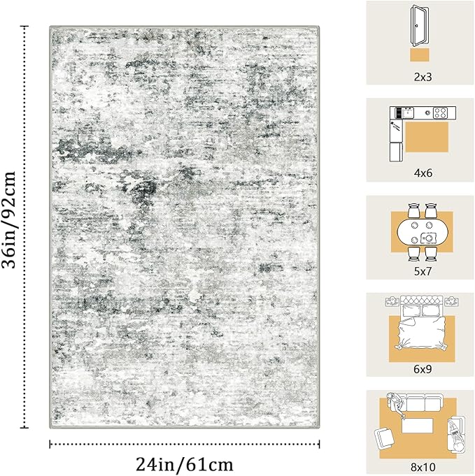 2x3 Machine Washable Area Rug for Entryway, Grey Modern Vintage Abstract Rug Non-Slip Low Pile Soft Faux Wool Small Carpet, Kids and Pets Friendly for Bedroom Kitchen Hallway Home Decor Rug