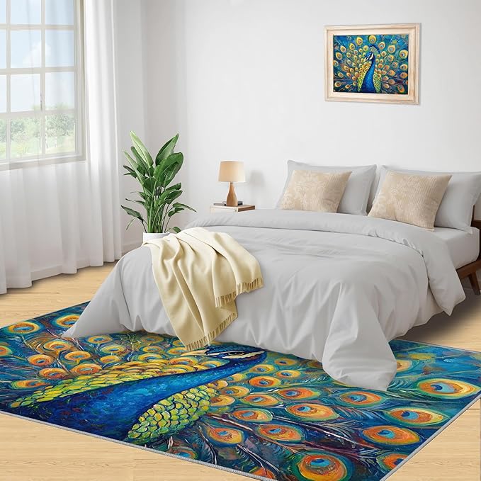 Peacock Area Rug 5x8-5x8 Rug, Wonderful Peacock Rugs for Living Room, Teal Turquoise Carpet, Peafowl Washable Area Rugs for Bedroom, Aesthetics Carpet - Peafowl Home Decor & Gifts