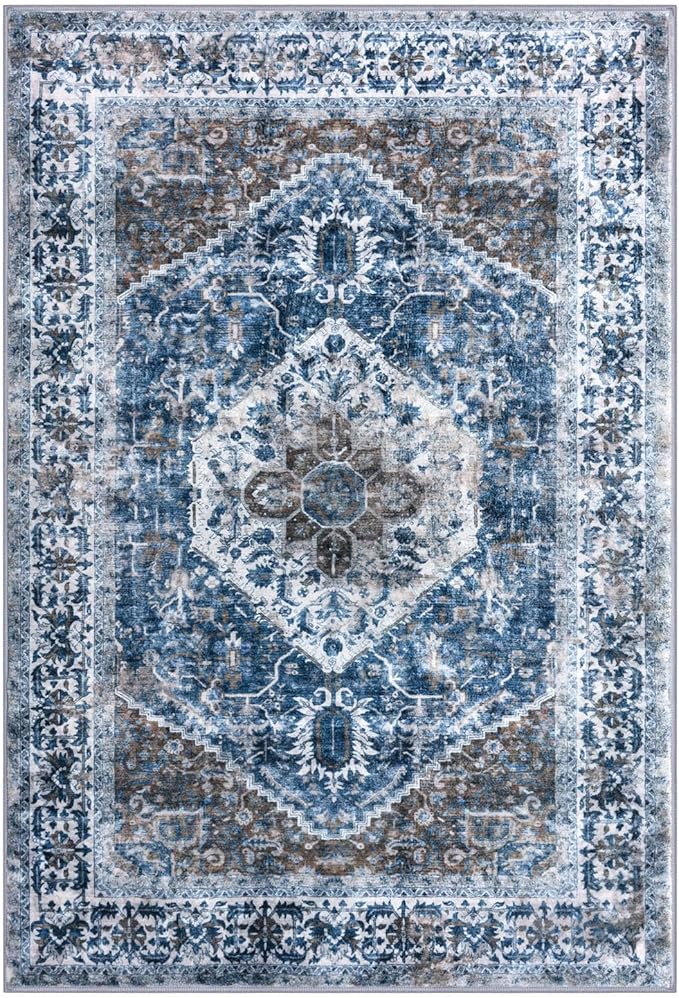 KOZYFLY Boho Area Rug 5x7 Ft Thin Rugs for Living Room Washable Bedroom Rug Non Slip Rugs for Living Room Blue Printed Faux Wool Vintage Bedroom Rug Floor Carpet for Dining Room