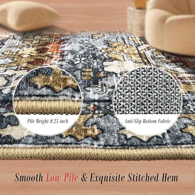 RUGSURE Washable Area Rugs - Perfect for Living Room, Bedroom, Kids Room, Nursery - Stain & Water Resistant Non-Slip, Pet & Child Friendly, Vintage Tribal Area Rugs (Turmeric and Grey, 5' x 7')